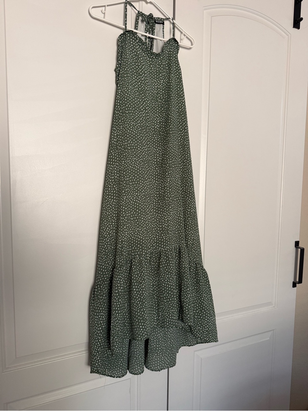 Olive Green Polka Dot Maxi Dress with Tie-Strap Neck